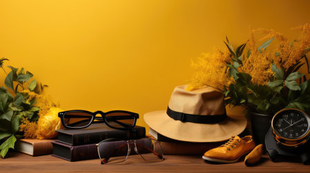 happy graduation background with pile of books and glasses on yellow backgroundの素材