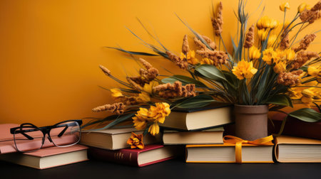 happy graduation background with pile of books and glasses on yellow backgroundの素材
