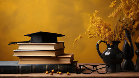 happy graduation background with pile of books and glasses on yellow backgroundの素材