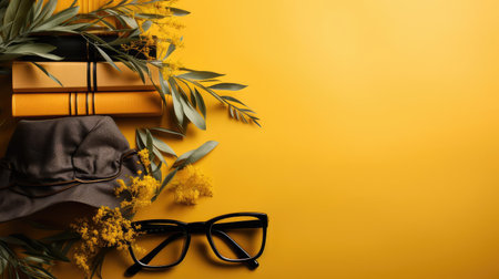 happy graduation background with pile of books and glasses on yellow backgroundの素材