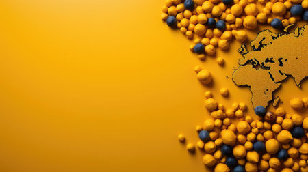 top view of world health day concept background with planet earth ornament and yellow backgroundの素材