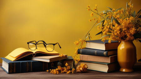 happy graduation background with pile of books and glasses on yellow backgroundの素材