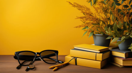 happy graduation background with pile of books and glasses on yellow backgroundの素材