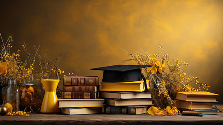 happy graduation background with pile of books and glasses on yellow backgroundの素材