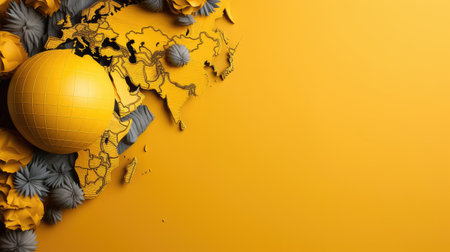 top view of world health day concept background with planet earth ornament and yellow backgroundの素材
