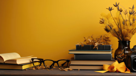 happy graduation background with pile of books and glasses on yellow backgroundの素材