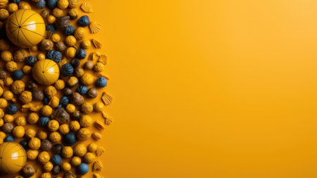 top view of world health day concept background with planet earth ornament and yellow backgroundの素材