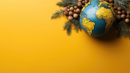 top view of world health day concept background with planet earth ornament and yellow backgroundの素材