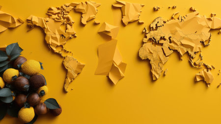top view of world health day concept background with planet earth ornament and yellow backgroundの素材