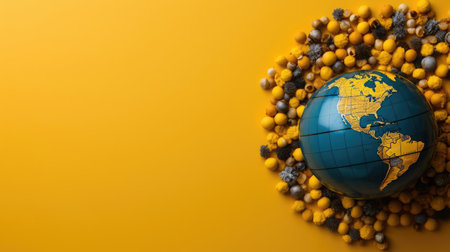 top view of world health day concept background with planet earth ornament and yellow backgroundの素材