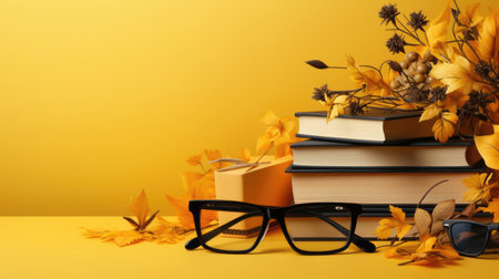 happy graduation background with pile of books and glasses on yellow backgroundの素材