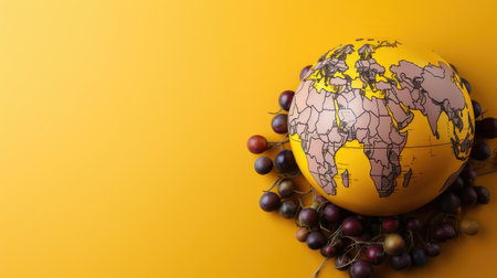 top view of world health day concept background with planet earth ornament and yellow backgroundの素材