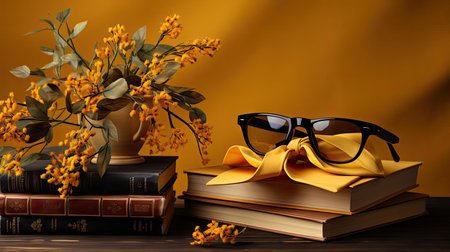 happy graduation background with pile of books and glasses on yellow backgroundの素材
