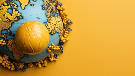 top view of world health day concept background with planet earth ornament and yellow backgroundの素材