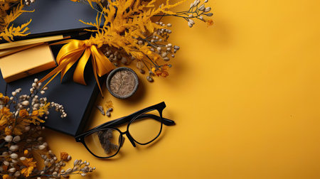 happy graduation background with pile of books and glasses on yellow backgroundの素材