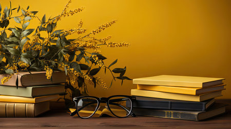 happy graduation background with pile of books and glasses on yellow backgroundの素材