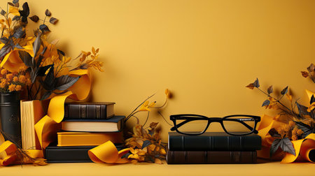 happy graduation background with pile of books and glasses on yellow backgroundの素材