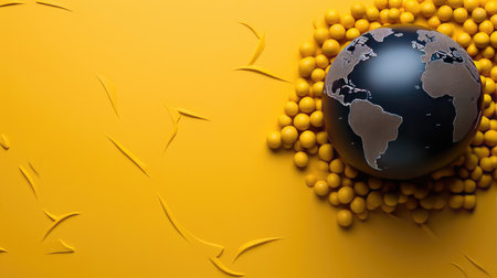 top view of world health day concept background with planet earth ornament and yellow backgroundの素材