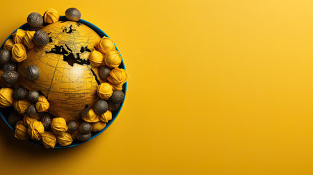 top view of world health day concept background with planet earth ornament and yellow backgroundの素材