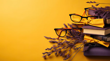 happy graduation background with pile of books and glasses on yellow backgroundの素材