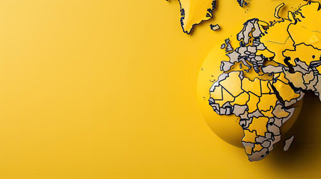 top view of world health day concept background with planet earth ornament and yellow backgroundの素材