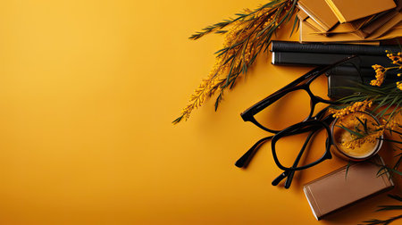 happy graduation background with pile of books and glasses on yellow backgroundの素材