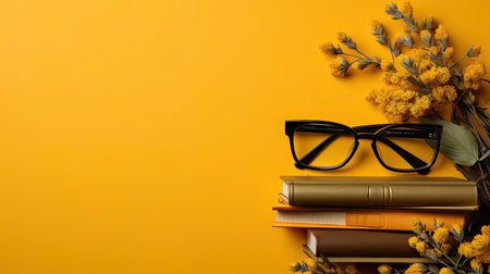 happy graduation background with pile of books and glasses on yellow backgroundの素材