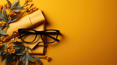 happy graduation background with pile of books and glasses on yellow backgroundの素材