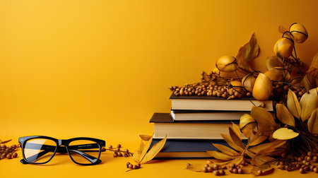 happy graduation background with pile of books and glasses on yellow backgroundの素材