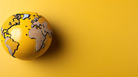 top view of world health day concept background with planet earth ornament and yellow backgroundの素材