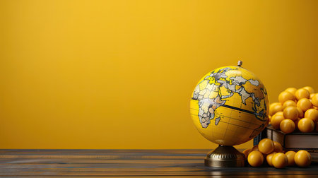 top view of world health day concept background with planet earth ornament and yellow backgroundの素材