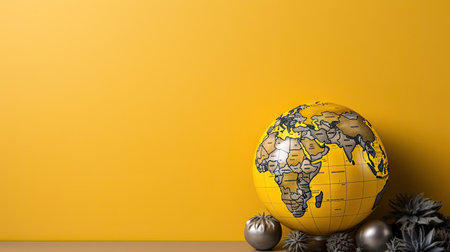 top view of world health day concept background with planet earth ornament and yellow backgroundの素材