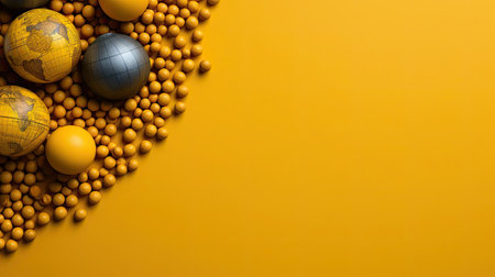 top view of world health day concept background with planet earth ornament and yellow backgroundの素材