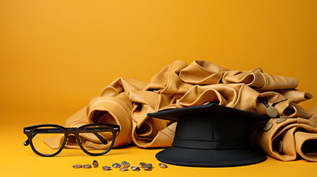 happy graduation background with pile of books and glasses on yellow backgroundの素材