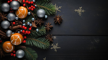 happy Christmas background with the concept of plants and Christmas ornaments on a black backgroundの素材
