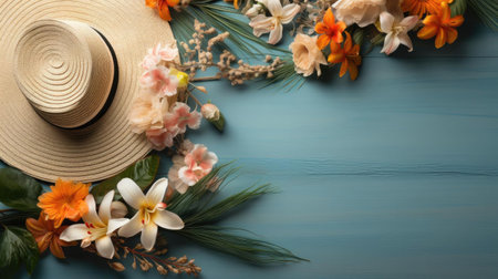 top view of summer background with topic concept and tropical plants for banner or posterの素材