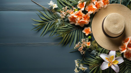 top view of summer background with topic concept and tropical plants for banner or posterの素材