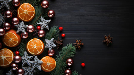 happy Christmas background with the concept of plants and Christmas ornaments on a black backgroundの素材