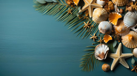 top view of summer background with topic concept and tropical plants for banner or posterの素材