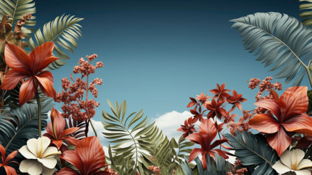 summer background with summer plant ornaments in bright colors for banners or postersの素材