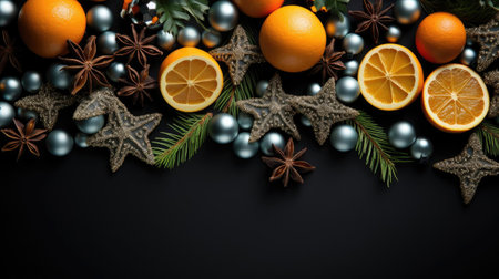 happy Christmas background with the concept of plants and Christmas ornaments on a black backgroundの素材