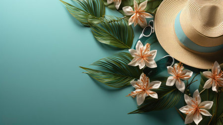 top view of summer background with topic concept and tropical plants for banner or posterの素材