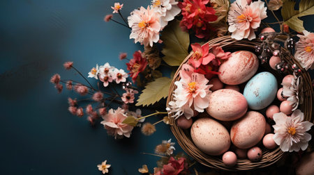 Easter day background with egg ornaments, flowers and minimalist background colorsの素材