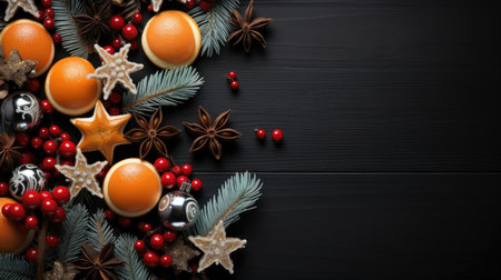 happy Christmas background with the concept of plants and Christmas ornaments on a black backgroundの素材