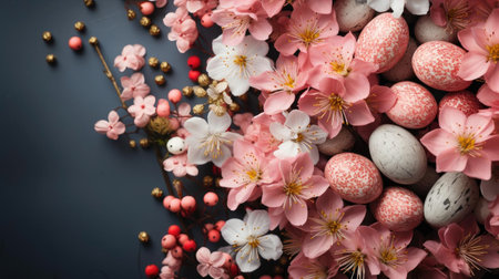 Easter day background with egg ornaments, flowers and minimalist background colorsの素材