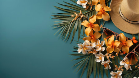 top view of summer background with topic concept and tropical plants for banner or posterの素材