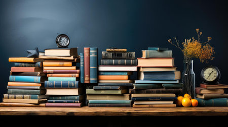 Front view pile of books on minimalistic background or stock of books for world book day backgroundの素材