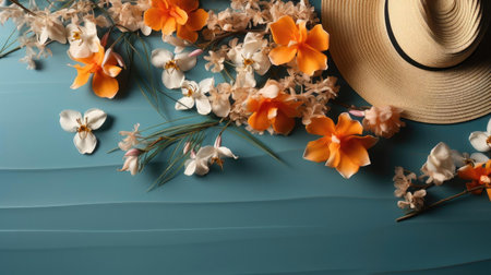 top view of summer background with topic concept and tropical plants for banner or posterの素材