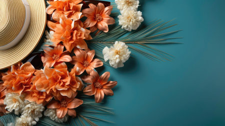 top view of summer background with topic concept and tropical plants for banner or posterの素材