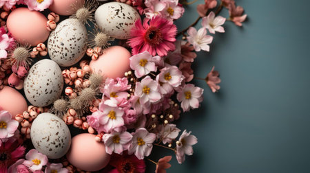 Easter day background with egg ornaments, flowers and minimalist background colorsの素材